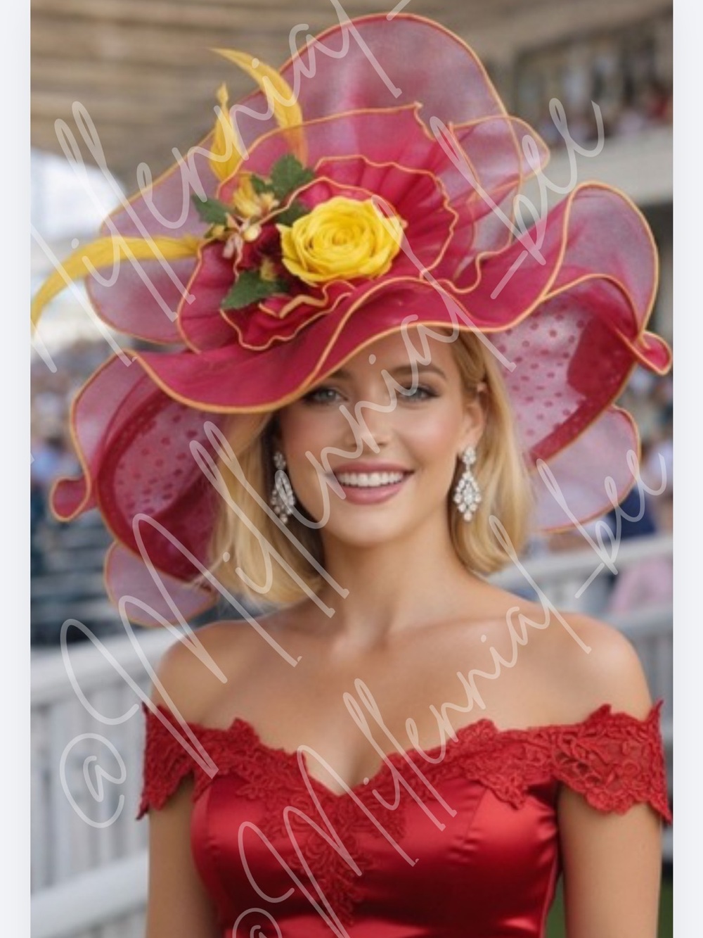 Kentucky Derby Hat Ky Oaks Organza Feather Pink Polka and Yellow Floral Hat